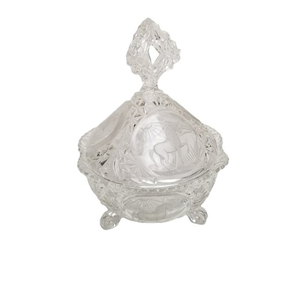 Hofbauer Crystal Covered Candy Dish Unicorn Etched Footed Bowl Starburst Germany - Picture 1 of 10